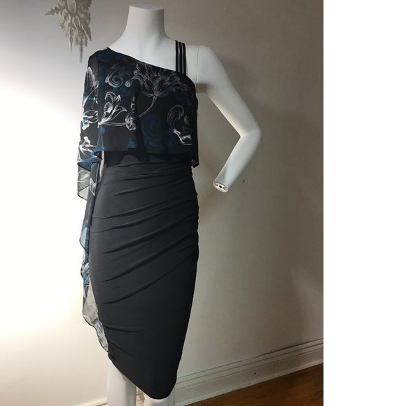 Le Chateau Black Blue Chiffon Ruffle Bodycon Formal Dress One Shoulder NWT - Picture 1 of 5